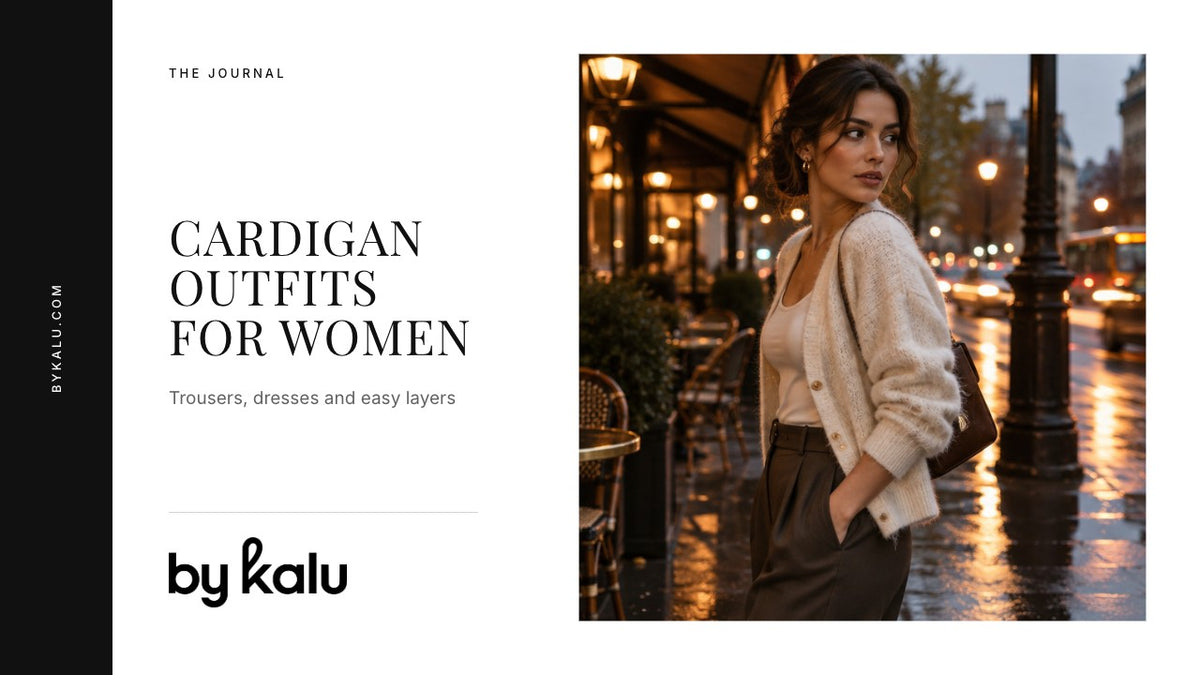 Woman wearing a cream cardigan with the By Kalu logo and article headline.