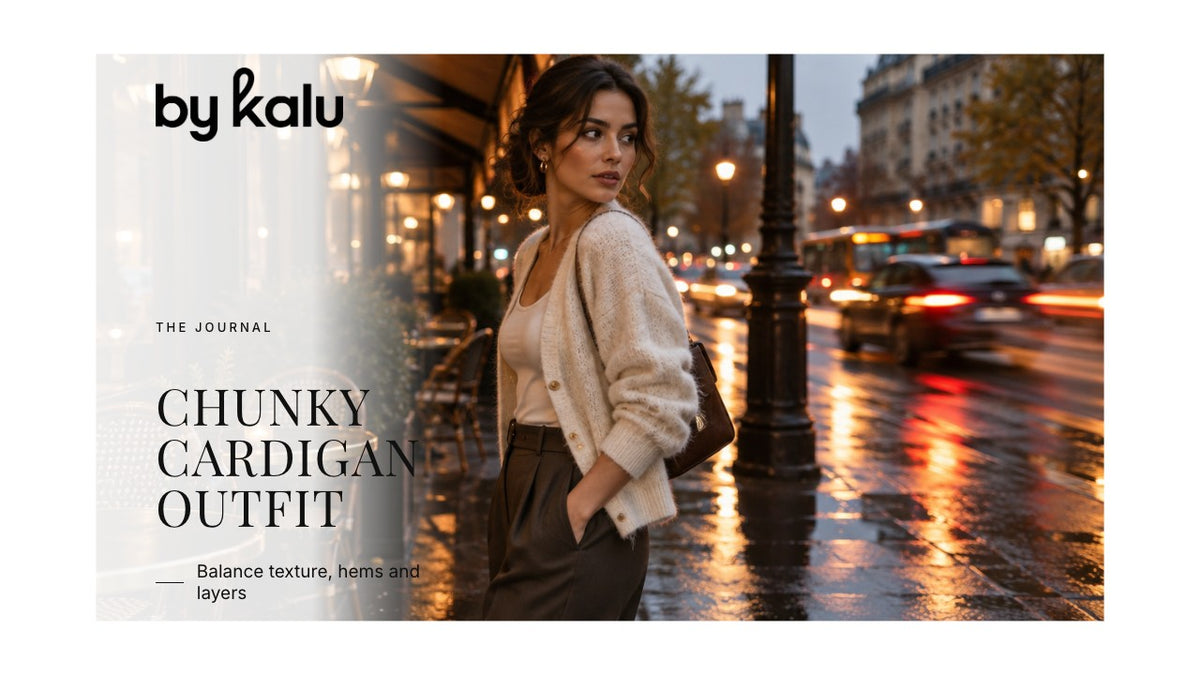 Woman wearing a cream cardigan with the By Kalu logo and article headline.