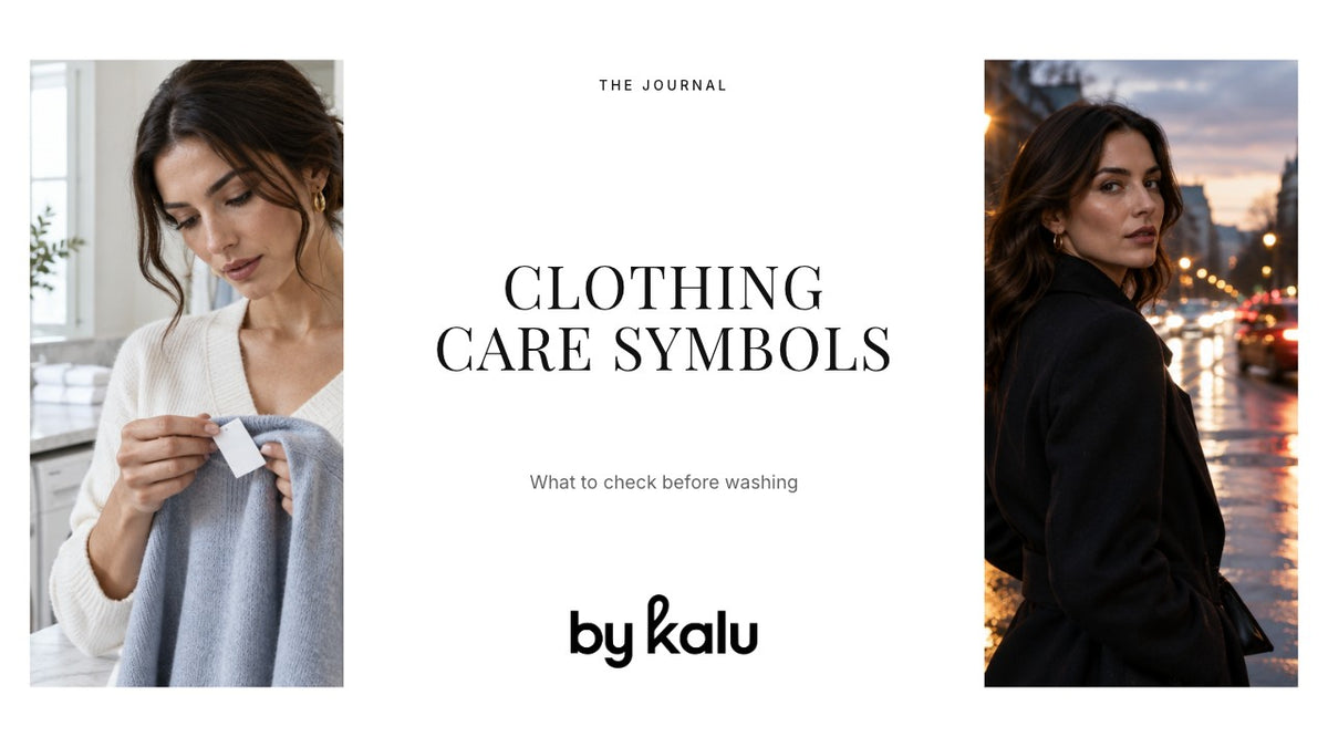 Two views of a woman checking a garment label and wearing evening layers with the By Kalu logo and article headline.