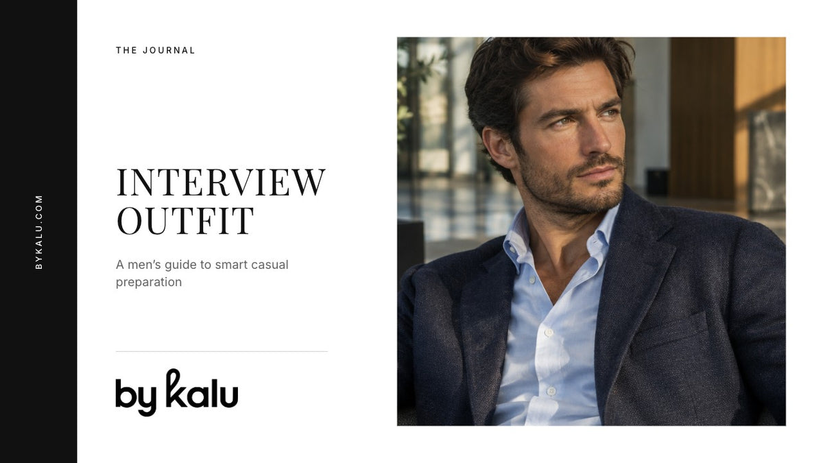 Man wearing a navy blazer with a blue shirt with the By Kalu logo and article headline.