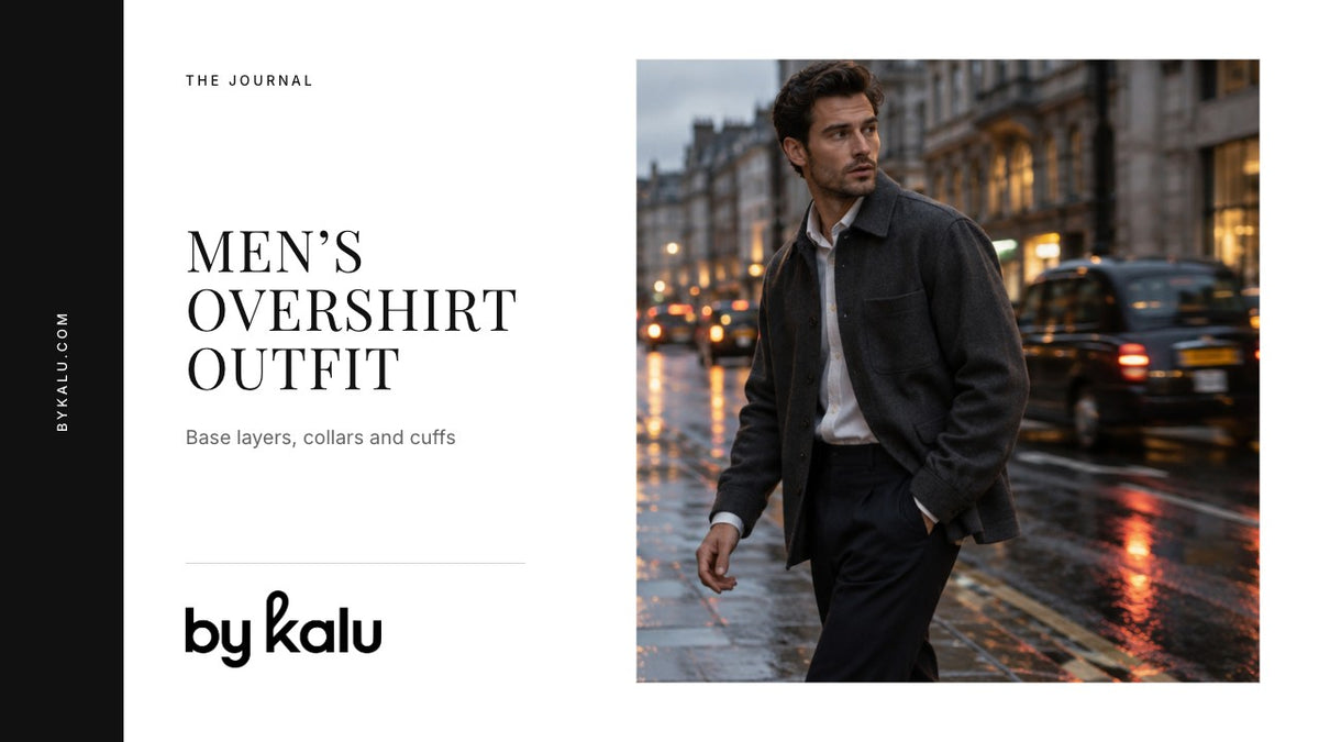 Man wearing a dark overshirt over a light base layer with the By Kalu logo and article headline.