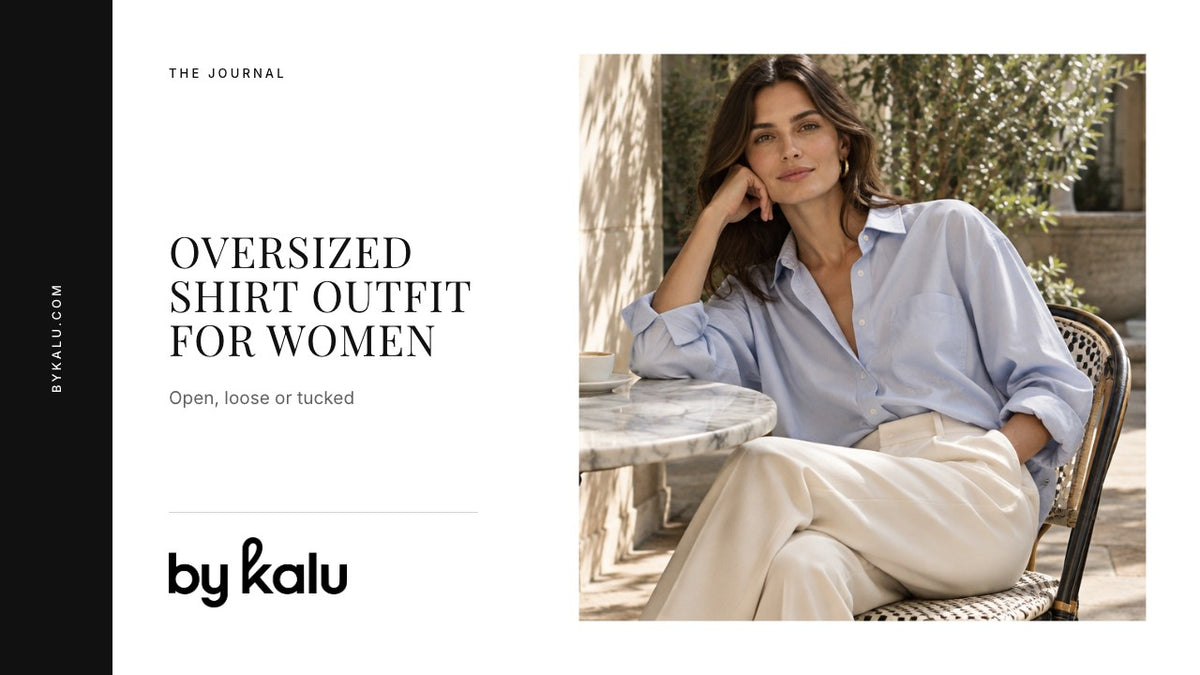 Woman wearing a loose pale blue shirt with the By Kalu logo and article headline.