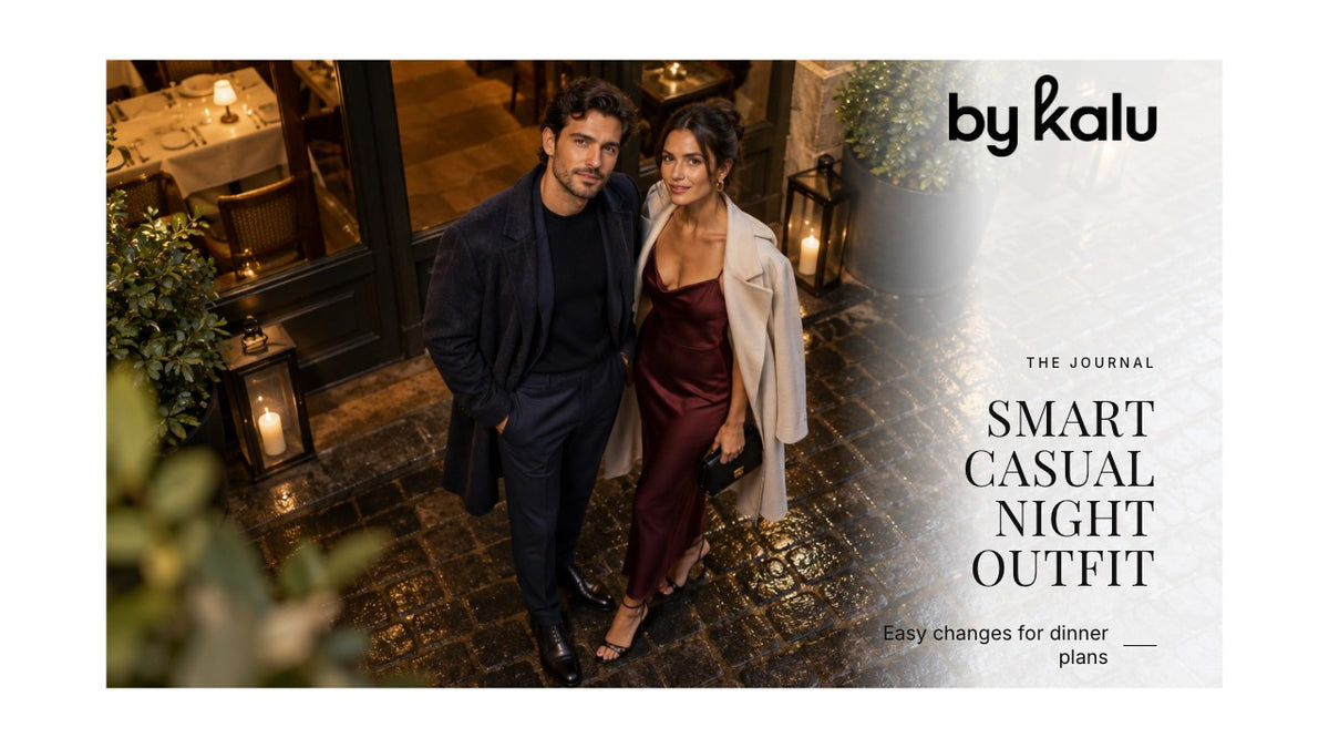Man and woman in dark evening layers with the By Kalu logo and article headline.