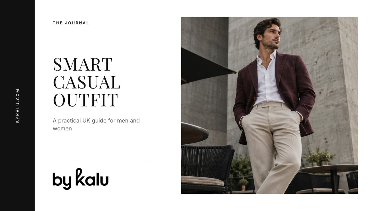 Man wearing a burgundy blazer and cream trousers with the By Kalu logo and article headline.