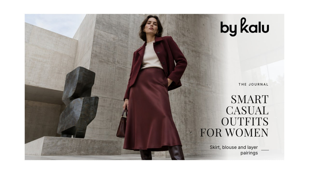 Woman wearing a burgundy jacket and midi skirt with the By Kalu logo and article headline.