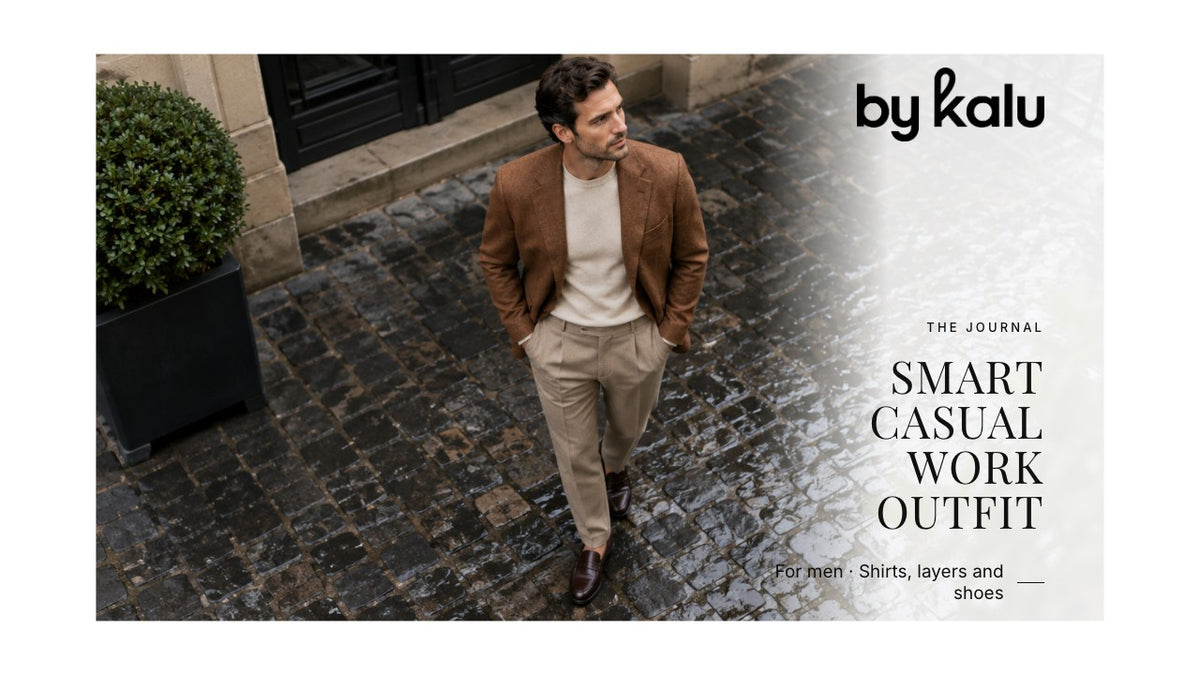 Man wearing a brown blazer with cream trousers with the By Kalu logo and article headline.