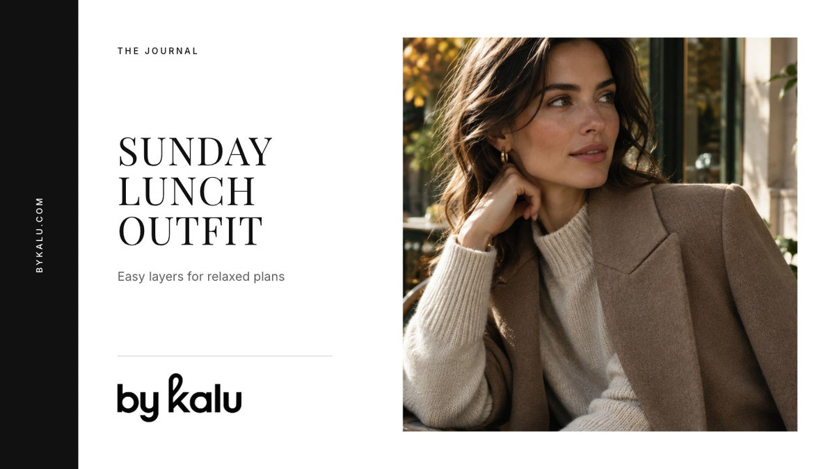 Woman wearing a neutral blazer and sweater with the By Kalu logo and article headline.