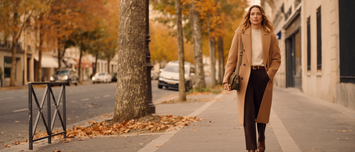 Woman in a camel wool coat walking down an autumn city street