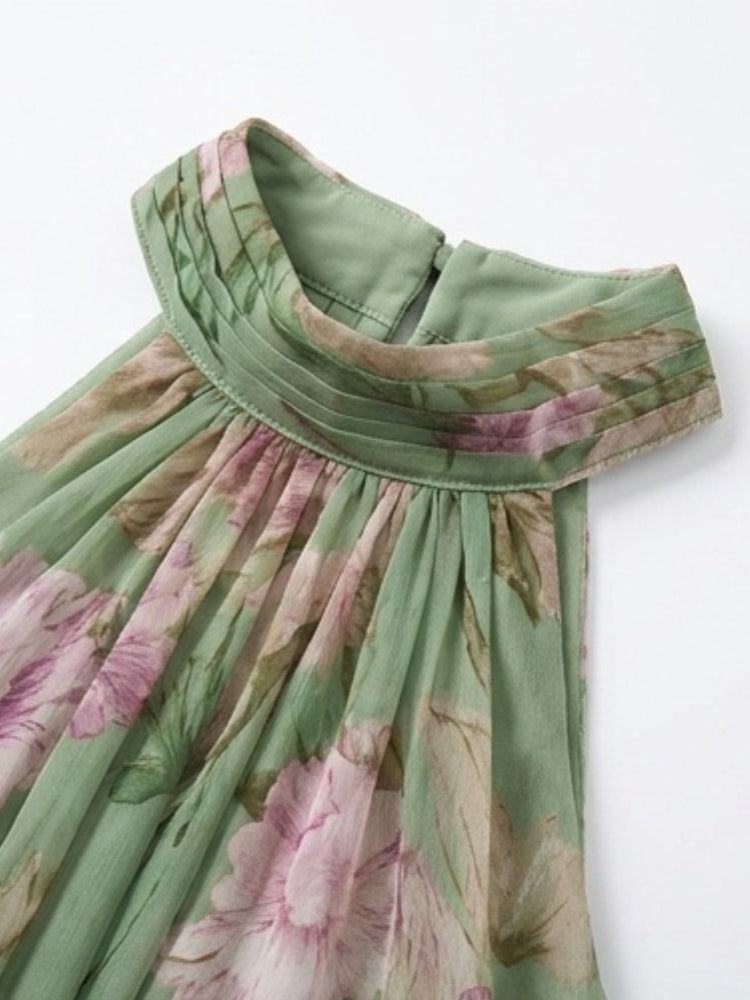 Women's Green Floral Chiffon Halter Maxi Dress