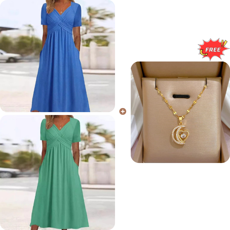 Women's V-Neck Short Sleeve Long Dress