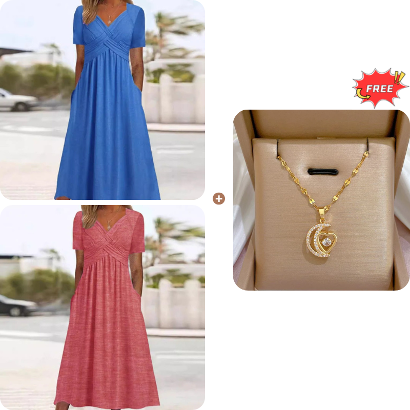 Women's V-Neck Short Sleeve Long Dress
