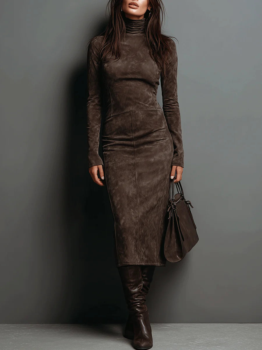 Women's Suede Midi Dress with High Neck and Long Sleeves
