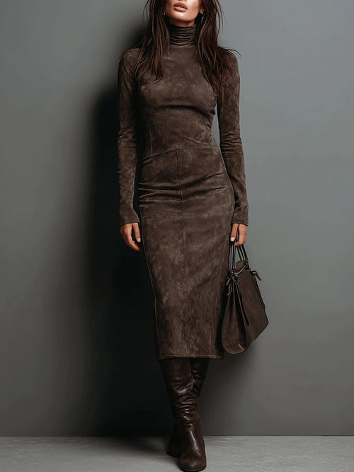 Women's Suede Midi Dress with High Neck and Long Sleeves