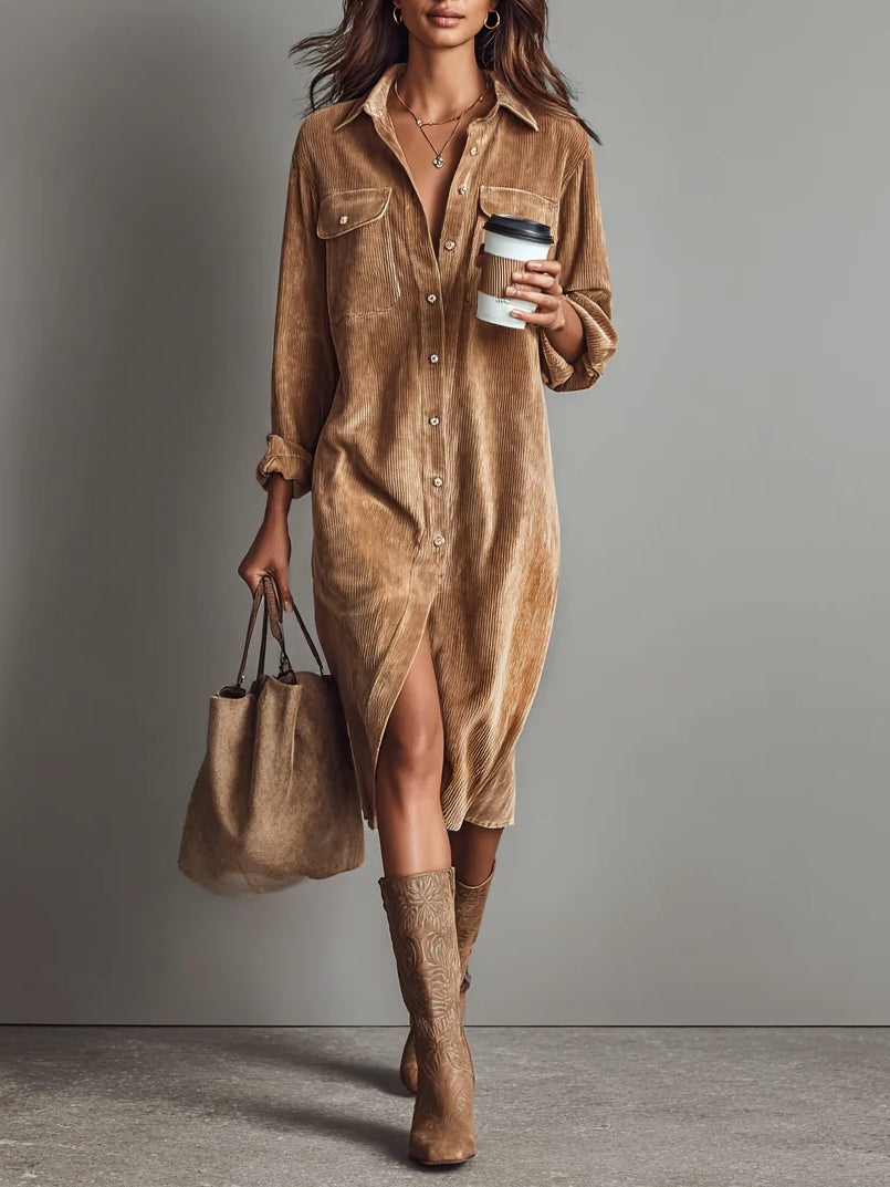 Women's Corduroy Single-Breasted Midi Dress