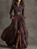 Women's Dress with Lapel and Contrasting Plaid