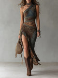 Women's Printed Maxi Dress with One-Shoulder and High Slit