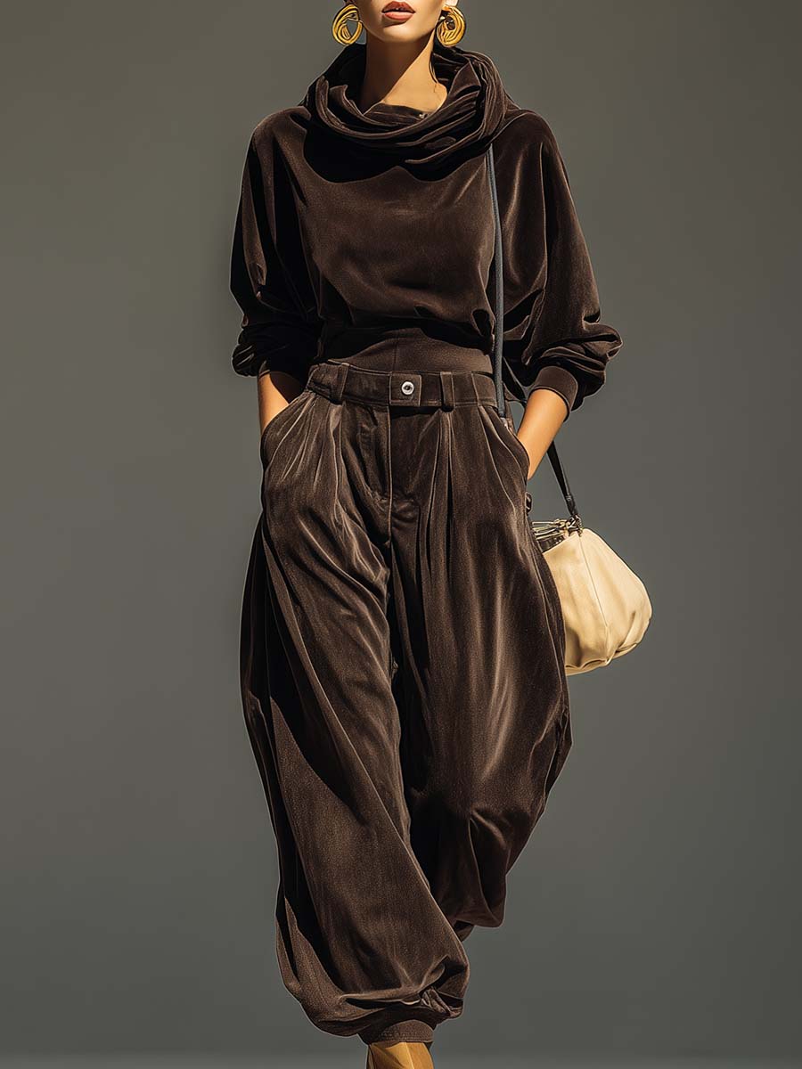 Women's Velvet Hoodie and Trousers Clothing Set with Belt