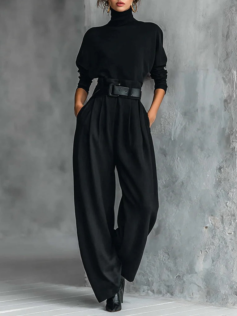 Women's Clothing Set with Turtleneck Top and Straight-Leg Pants