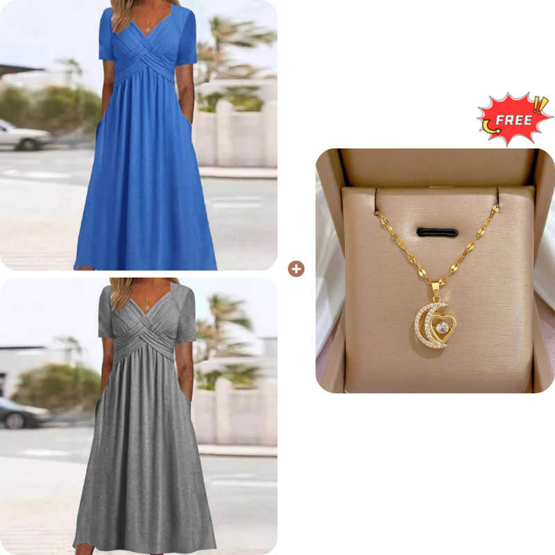 Women's V-Neck Short Sleeve Long Dress