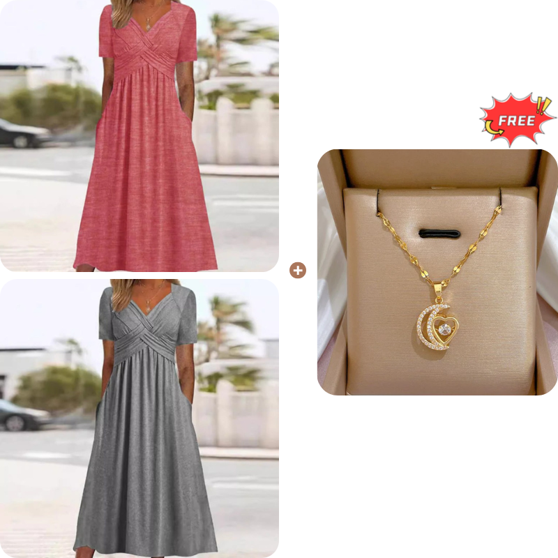 Women's V-Neck Short Sleeve Long Dress