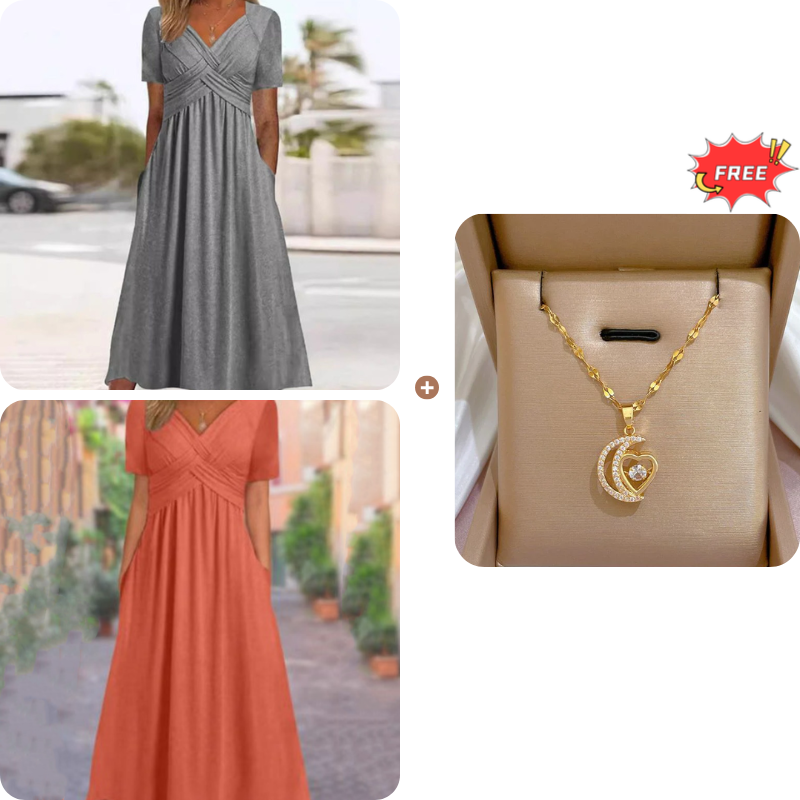 Women's V-Neck Short Sleeve Long Dress