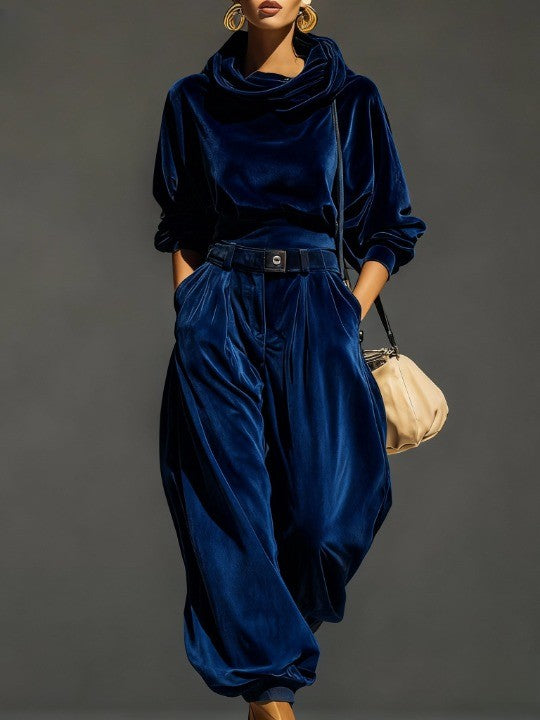 Women's Velvet Hoodie and Trousers Clothing Set with Belt
