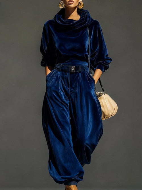 Women's Velvet Hoodie and Trousers Clothing Set with Belt