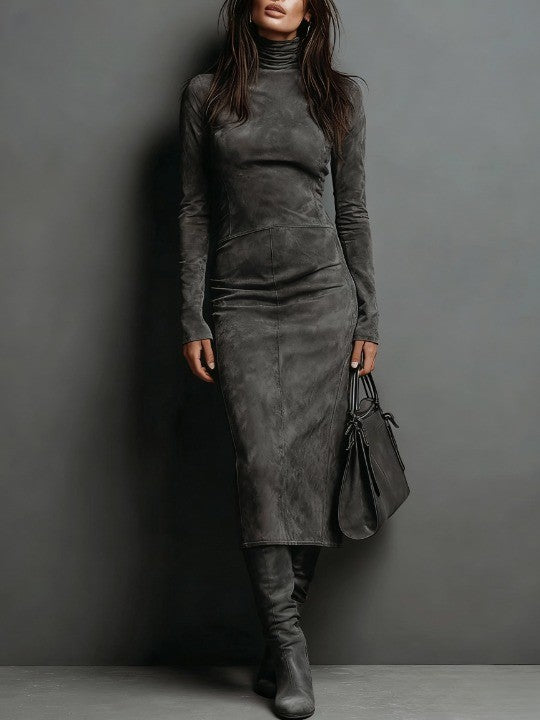 Women's Suede Midi Dress with High Neck and Long Sleeves