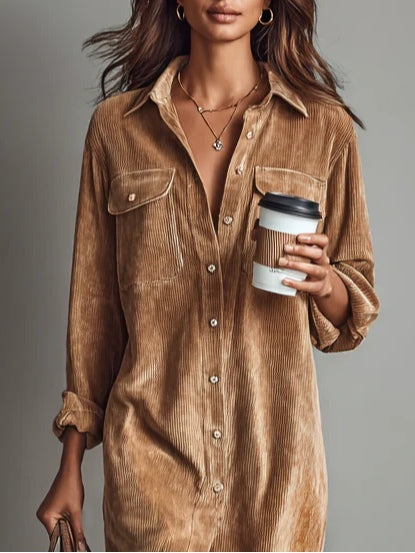Women's Corduroy Single-Breasted Midi Dress