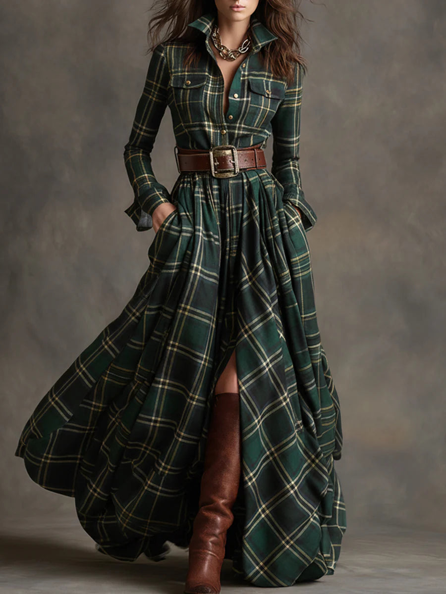 Women's Dress with Lapel and Contrasting Plaid