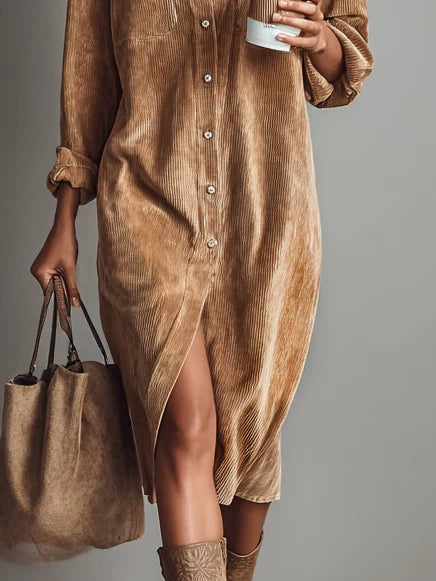 Women's Corduroy Single-Breasted Midi Dress