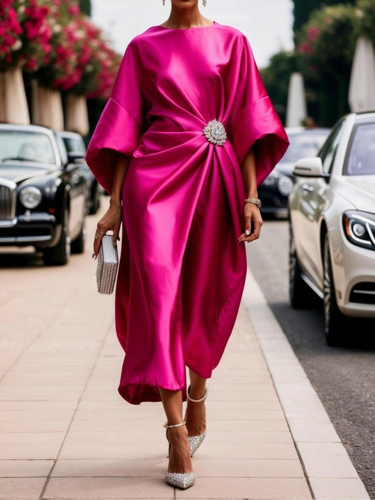 Women's Maxi Dress with Boat Neck and Ruched A-Line Silhouette