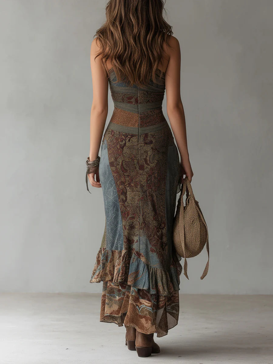 Women's Printed Maxi Dress with One-Shoulder and High Slit