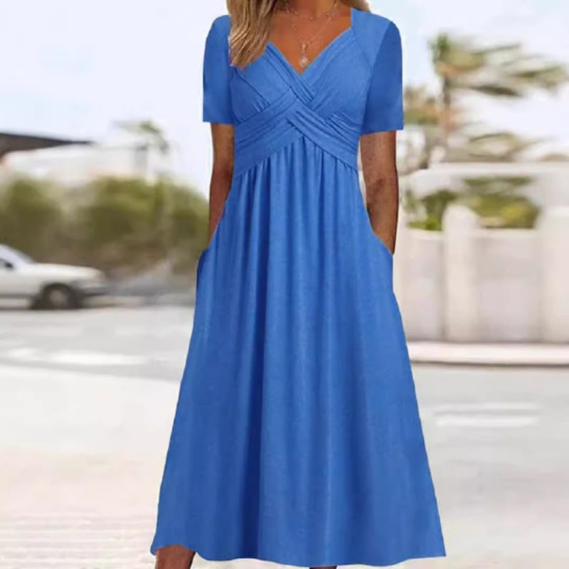 Women's V-Neck Short Sleeve Long Dress
