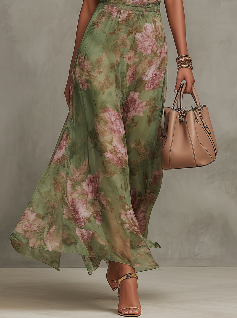 Women's Green Floral Chiffon Halter Maxi Dress