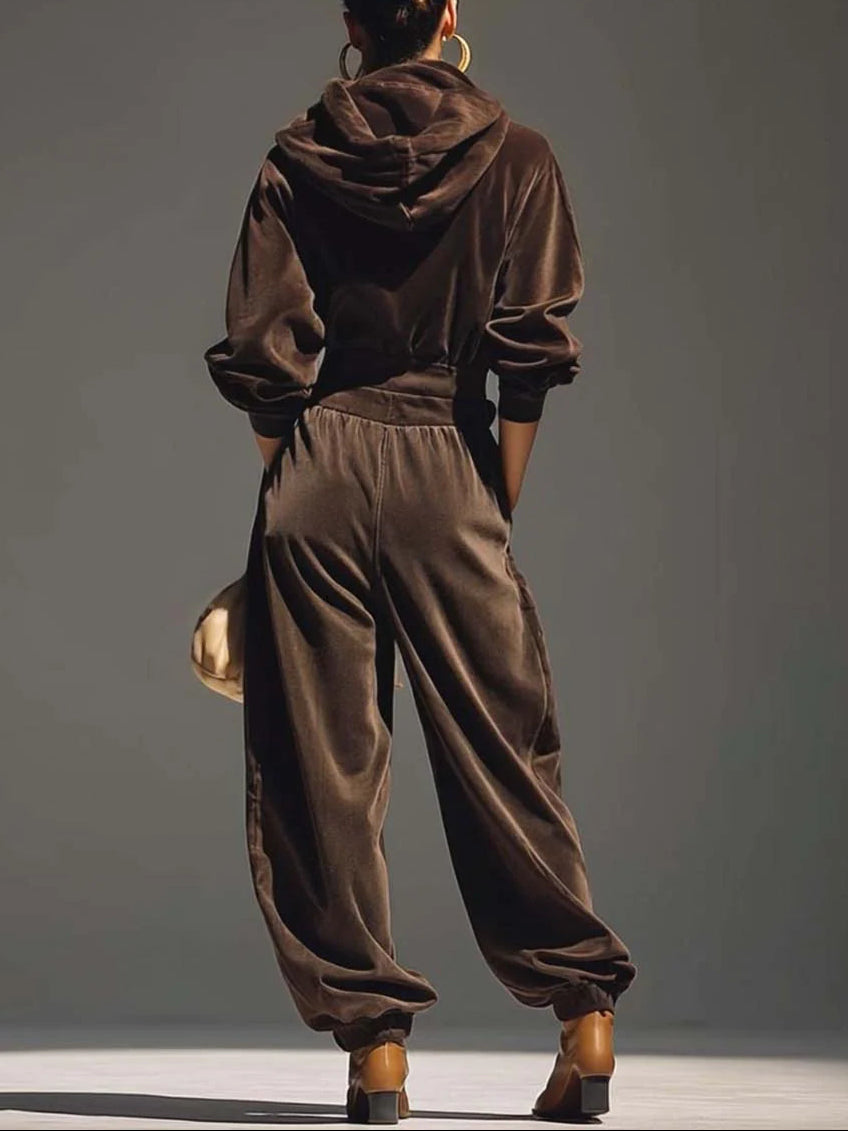 Women's Velvet Hoodie and Trousers Clothing Set with Belt