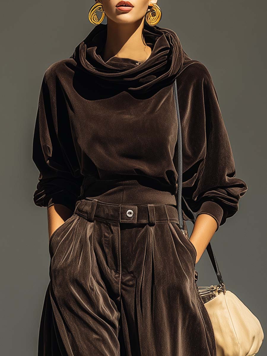 Women's Velvet Hoodie and Trousers Clothing Set with Belt