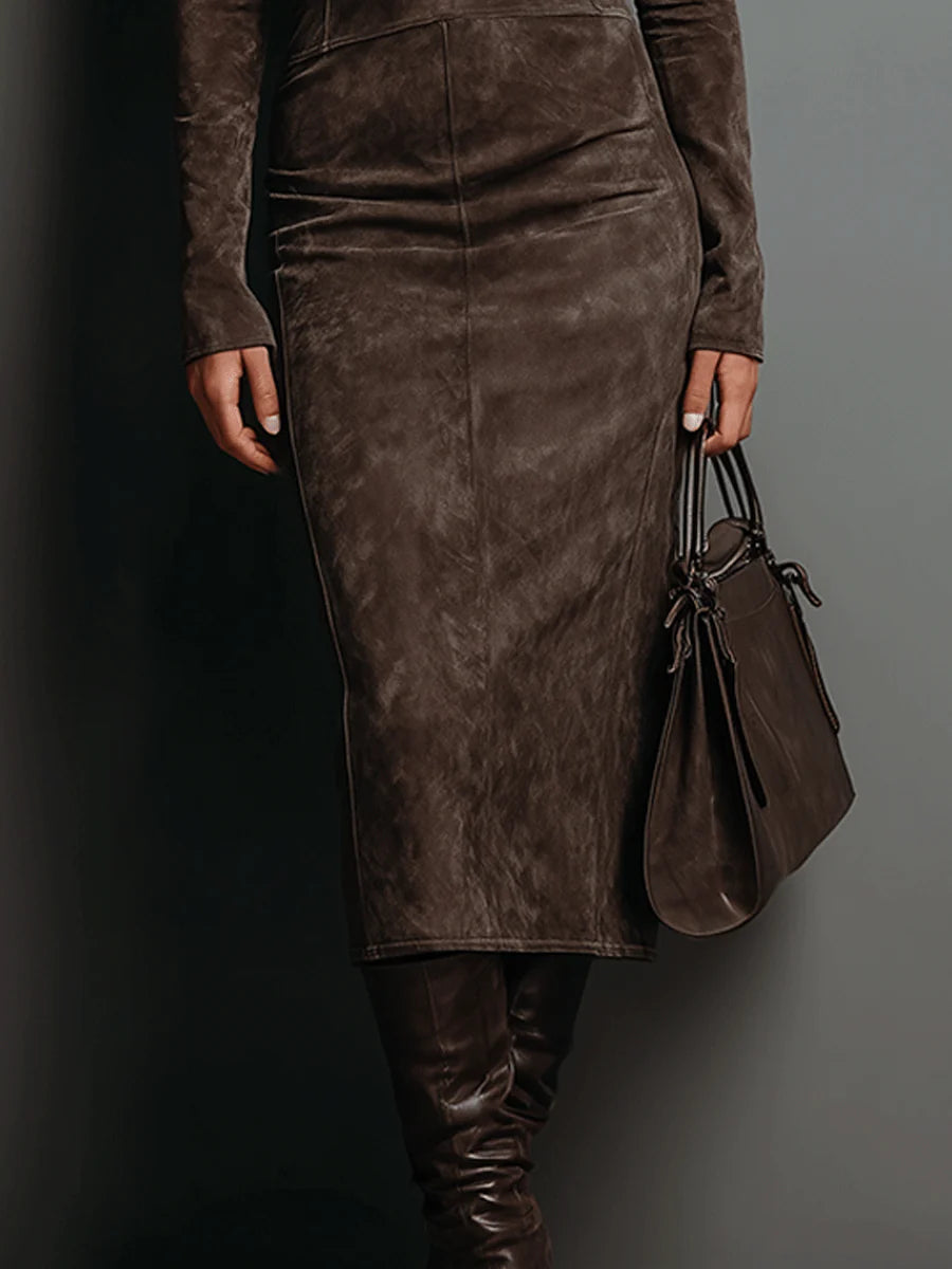Women's Suede Midi Dress with High Neck and Long Sleeves