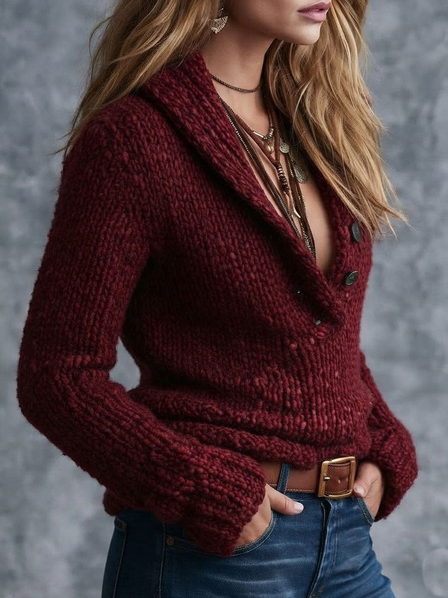 Women's Sweater with Shawl Collar and Half-Button in Burgundy