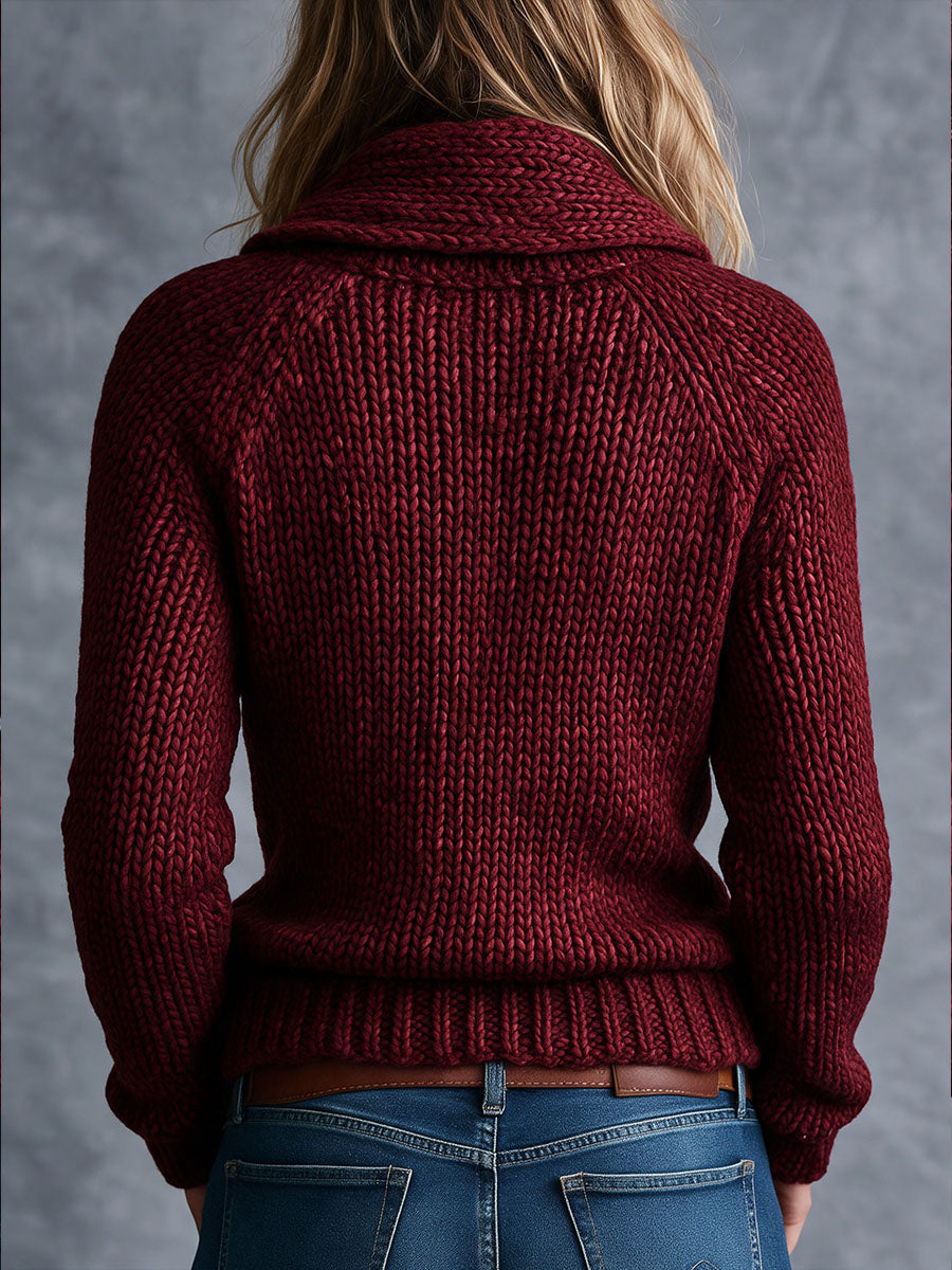 Women's Sweater with Shawl Collar and Half-Button in Burgundy