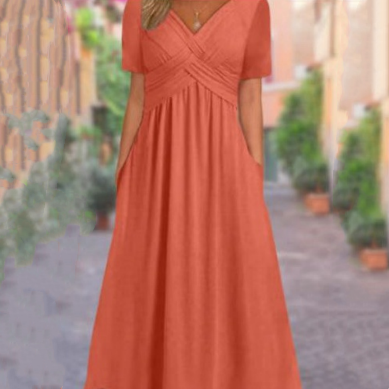 Women's V-Neck Short Sleeve Long Dress