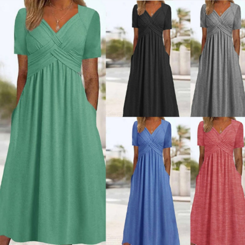 Women's V-Neck Short Sleeve Long Dress