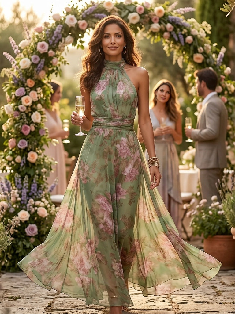 Women's Green Floral Chiffon Halter Maxi Dress