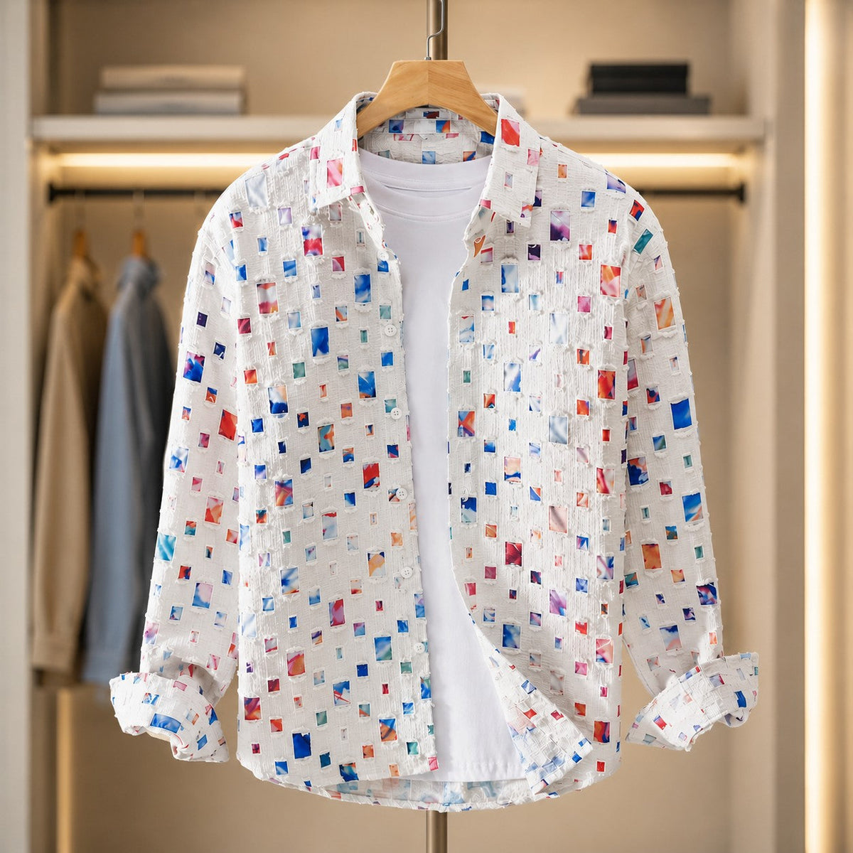 Unisex Shirt with Patchwork Print in Textured Linen