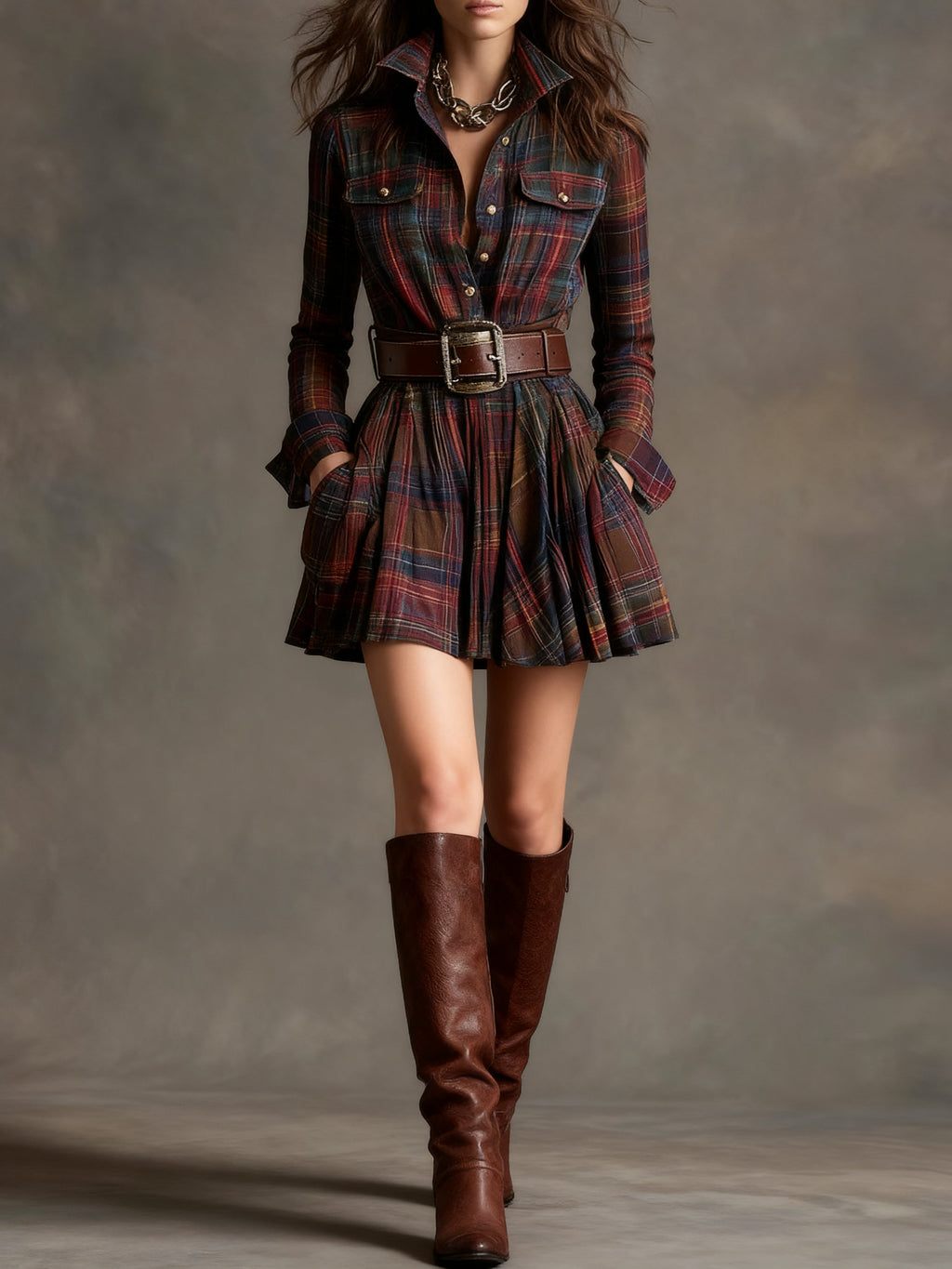 Women's Plaid Mini Dress with Lapel and Belt
