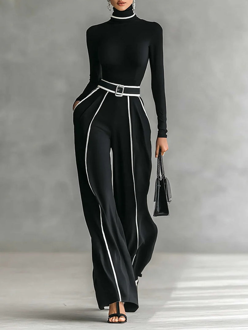 Women's Clothing Set with Turtleneck Top, Wide-Leg Pants and Belt