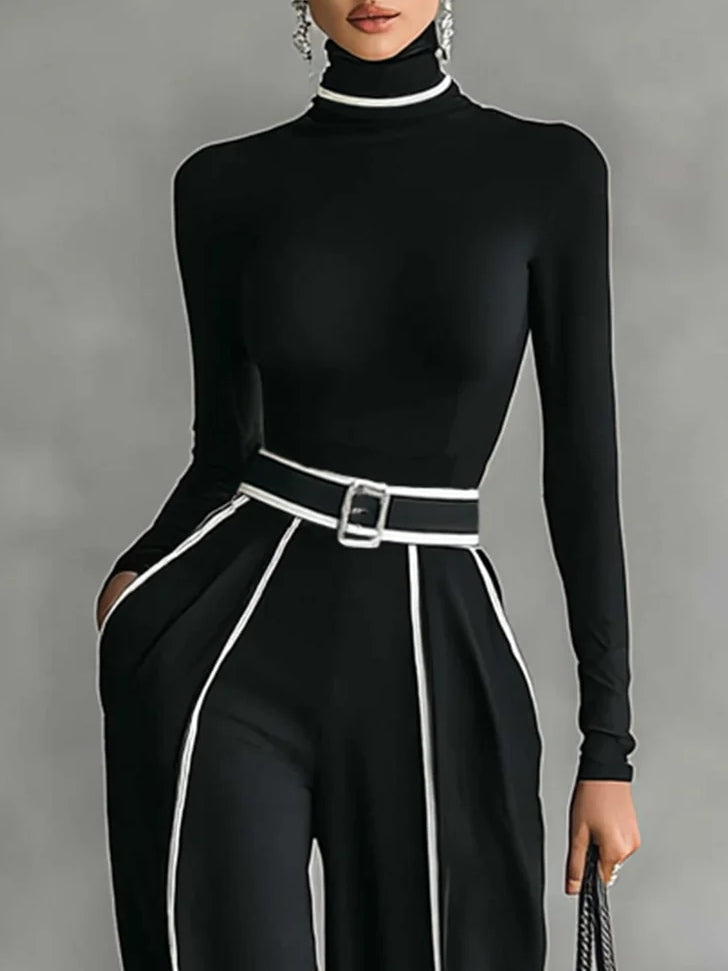 Women's Clothing Set with Turtleneck Top, Wide-Leg Pants and Belt