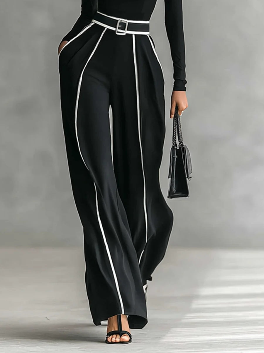 Women's Clothing Set with Turtleneck Top, Wide-Leg Pants and Belt
