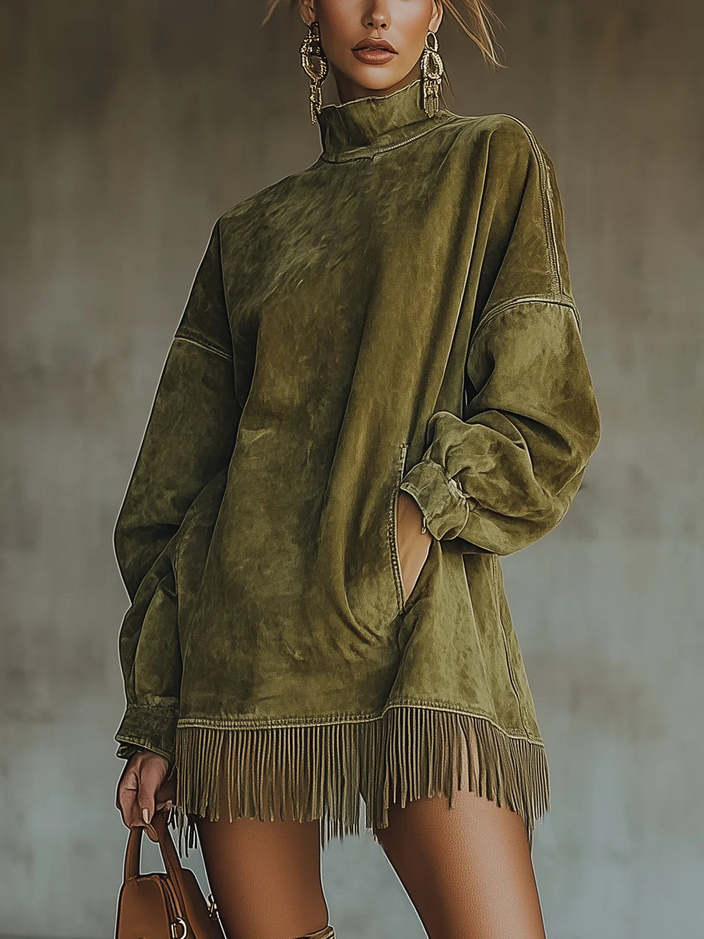 Women's Faux Suede Turtleneck Dress with Fringe Hem