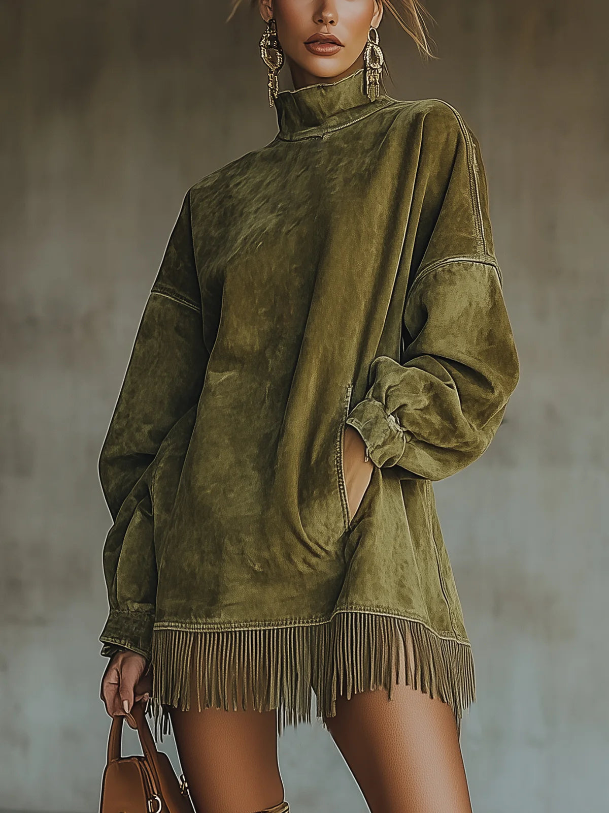 Women's Faux Suede Turtleneck Dress with Fringe Hem